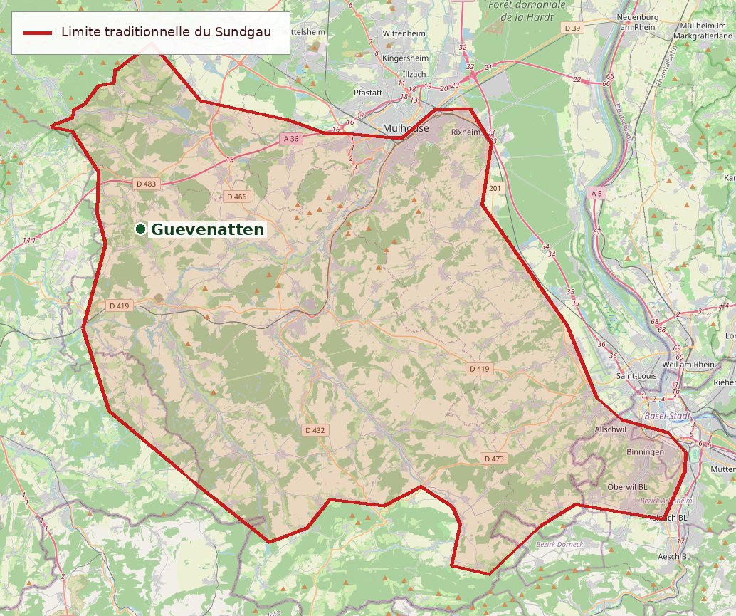 Carte de la limite traditionnelle du Sundgau, avec Guevenatten situé